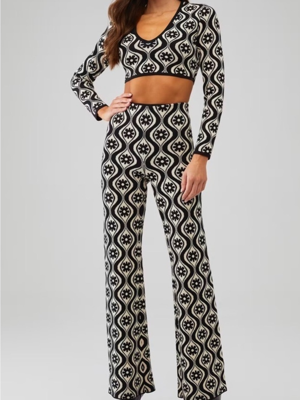 Finders Keepers Black & Cream Geometric Wide-Leg Knit Pants